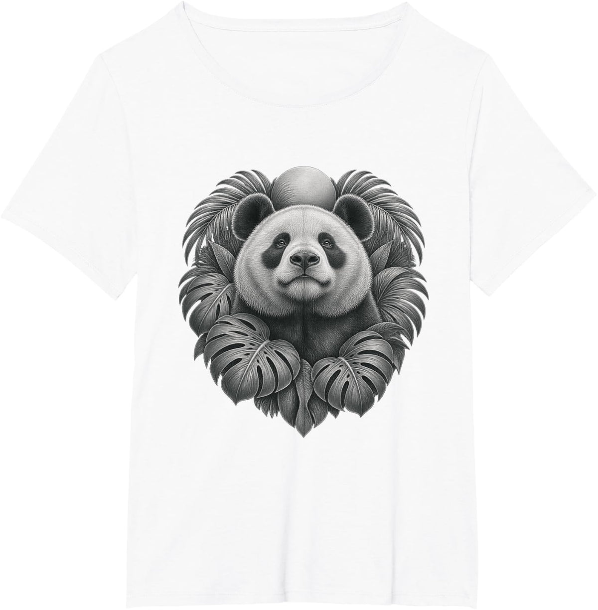 Giant Panda with Monochrome Tropical Leaves and Moon T-Shirt - White