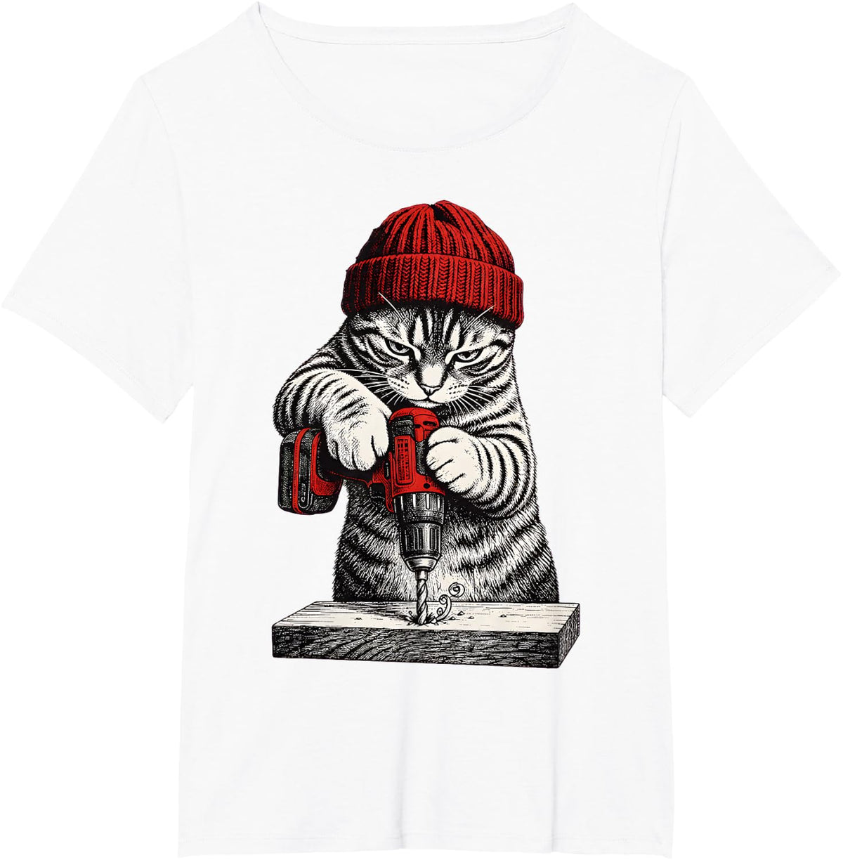 Funny Cat Using Power Drill Woodworking Carpenter DIY Humor T-Shirt - White