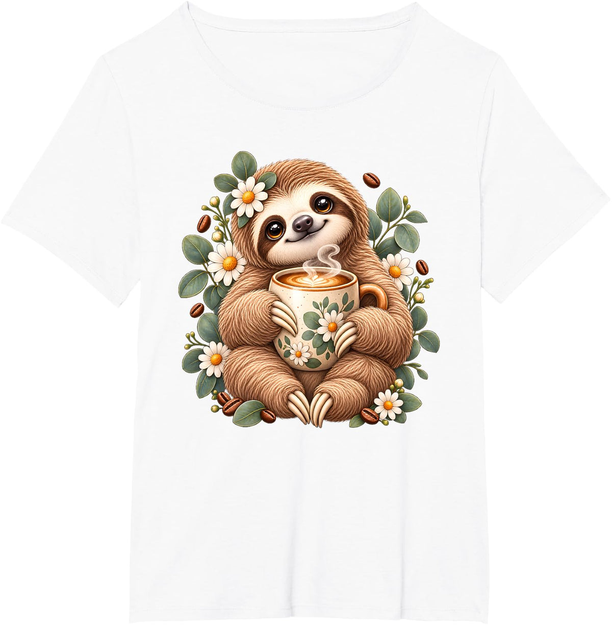 Sloth Coffee Lover Floral Wildflower Animal Art T-Shirt - White