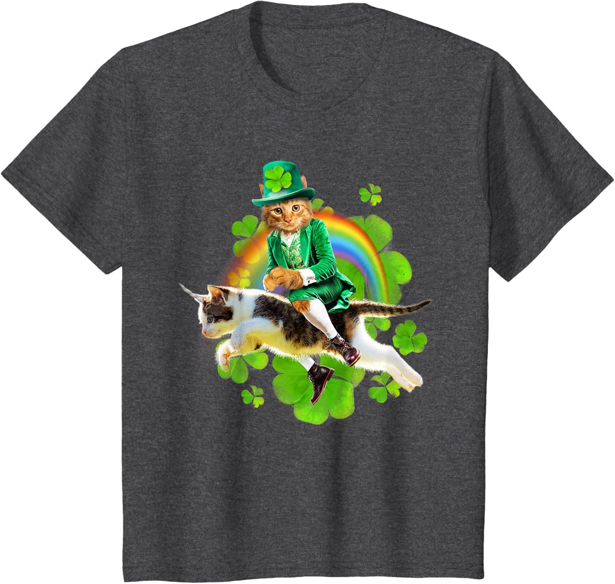 Leprechaun Cat Riding in Rainbow St Patty T-Shirt - Dark Heather Grey