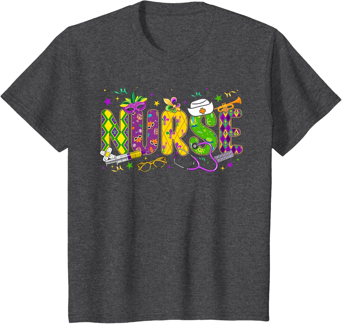 Funny Nurse Mardi Gras Scrub Top Nursing Women Girls Kids T-Shirt - Dark Heather Grey