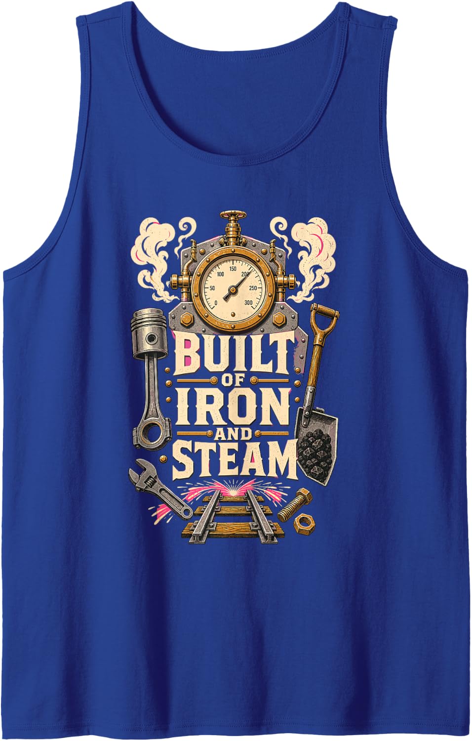 Built of Iron and Steam Steampunk Engine Piston Shovel Sleeveless Tank Top - Royal Blue