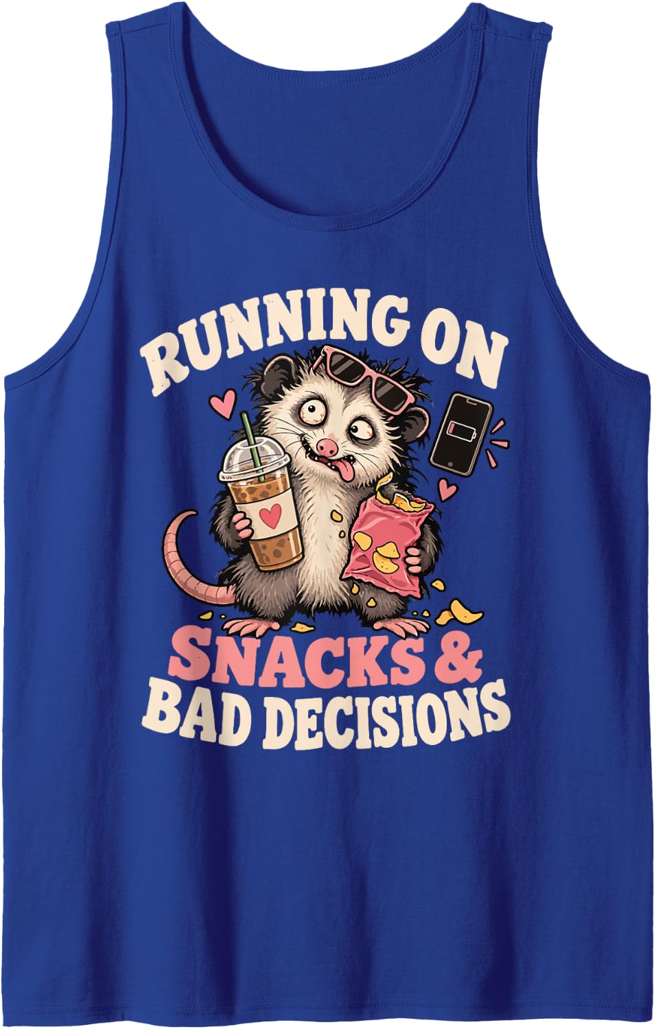 Funny Possum Running on Snacks & Bad Decisions Sleeveless Tank Top - Royal Blue