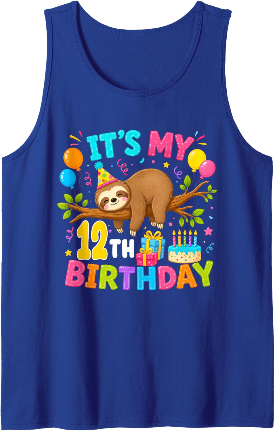 12th Birthday Animals Theme Party 12 Year Old Sloth Lover Sleeveless Tank Top - Royal Blue