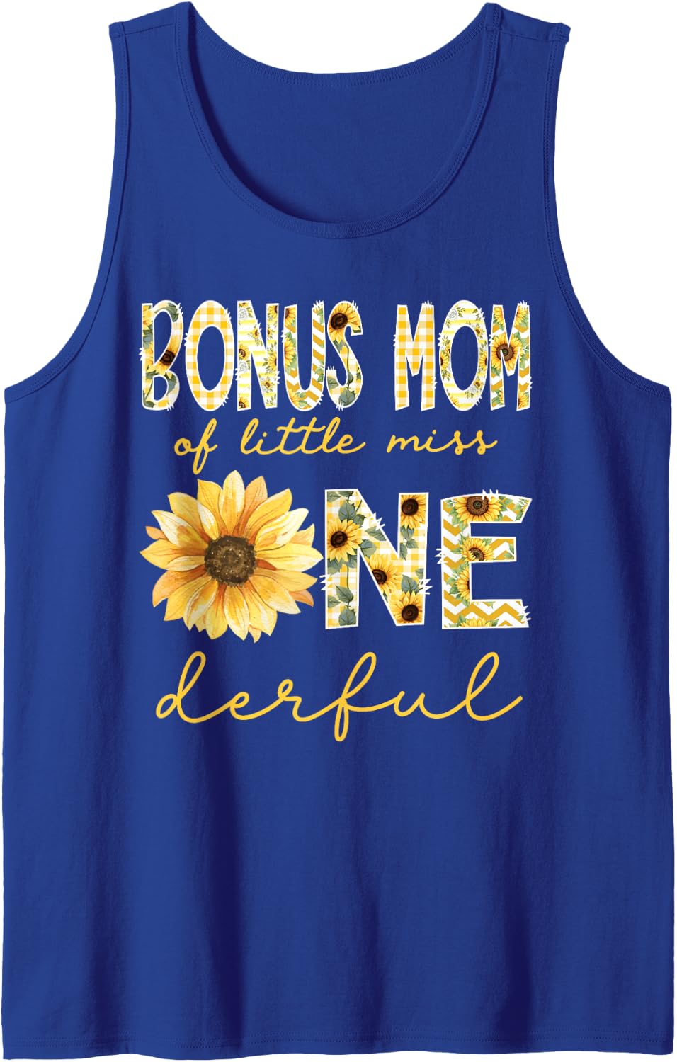 Bonus Mom of Little Miss Onederful 1st Bday Girl Sunflower Sleeveless Tank Top - Royal Blue