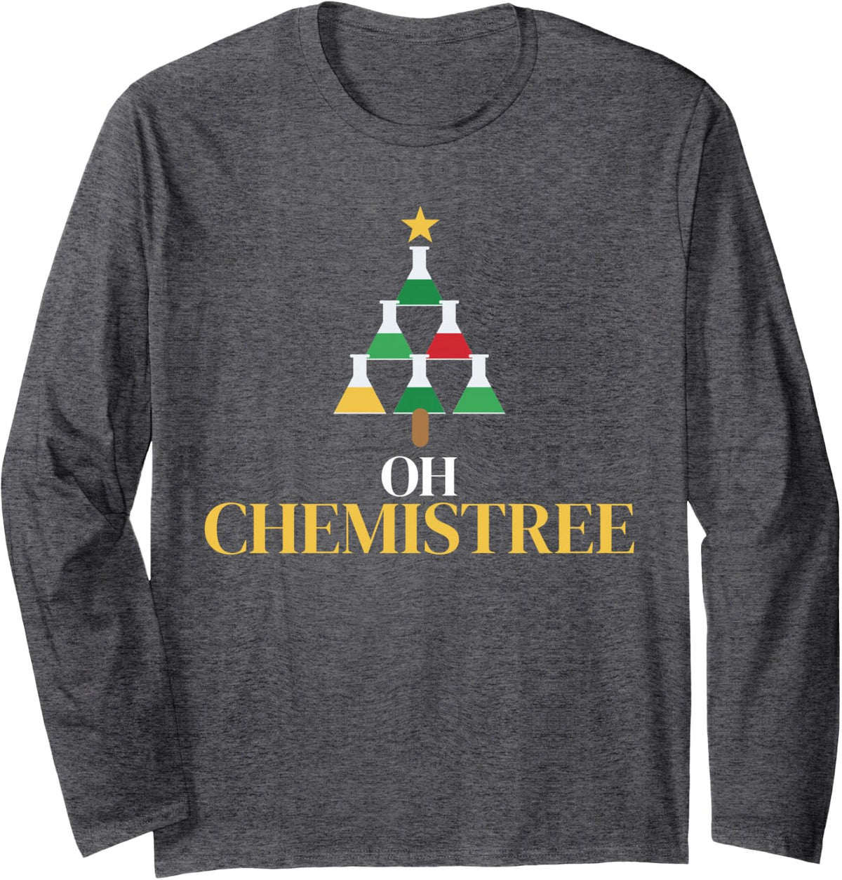 Oh Chemistree Christmas Tree Chemistry Lab Flask Science Pun Long Sleeve T-Shirt - Adult Unisex Dark Heather Grey