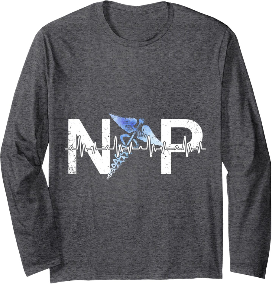 Np Heartbeat Nurse Practitioner Certified Nursing Assistant Long Sleeve T-Shirt - Adult Unisex Dark Heather Grey