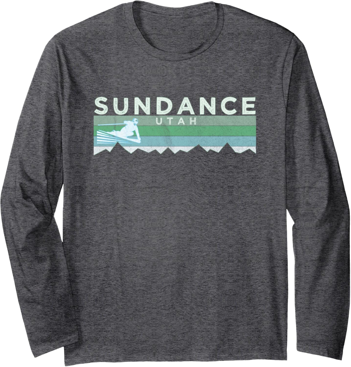 Retro Sundance, UT Distressed Skiing Long Sleeve T-Shirt - Adult Unisex Dark Heather Grey