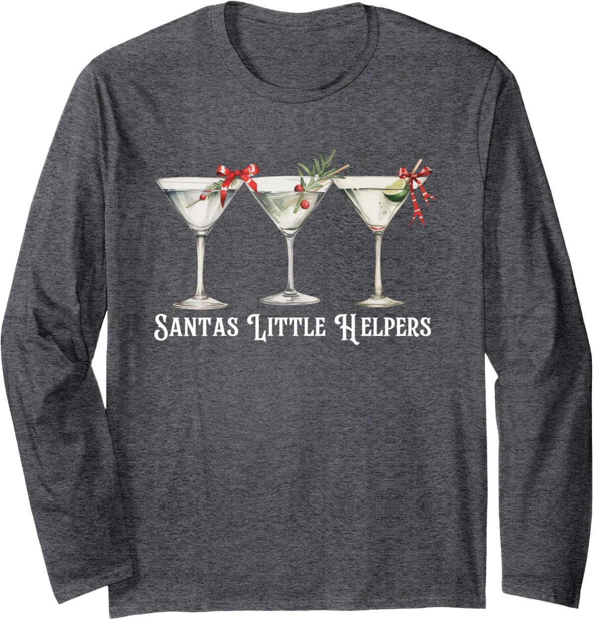 Retro Funny Santa's Little Helper Martini Merry Christmas Long Sleeve T-Shirt - Adult Unisex Dark Heather Grey