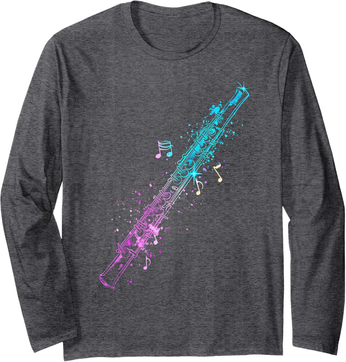 Flute Musical Notes Classical Music Flute Player Vintage Long Sleeve T-Shirt - Adult Unisex Dark Heather Grey