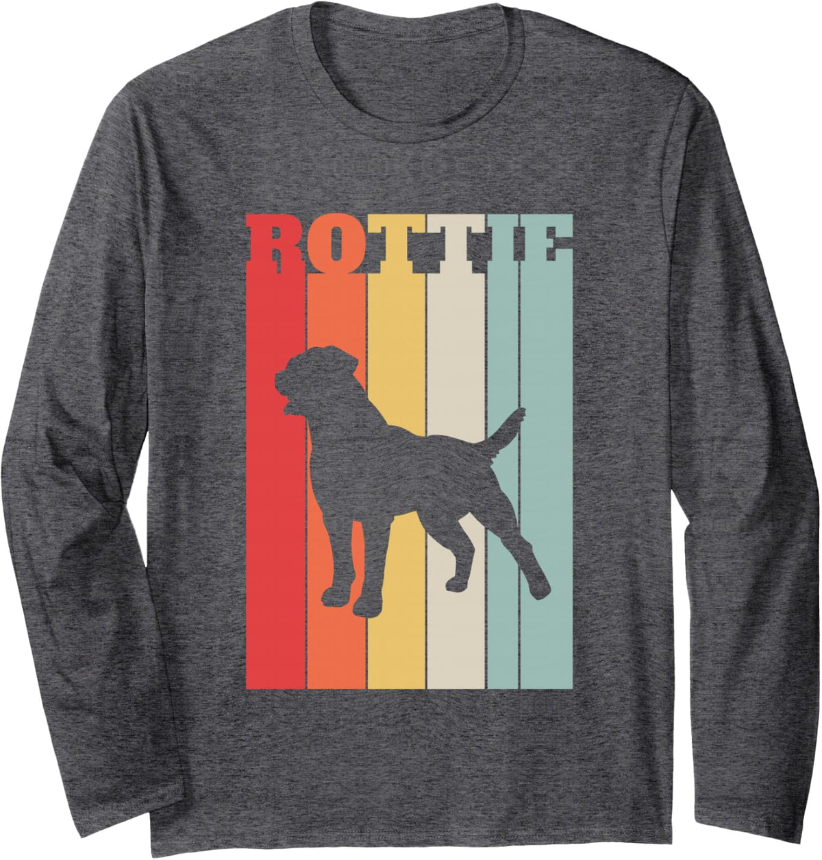 Rottweiler Dog Silhouette, Retro Striped Style Long Sleeve T-Shirt - Adult Unisex Dark Heather Grey