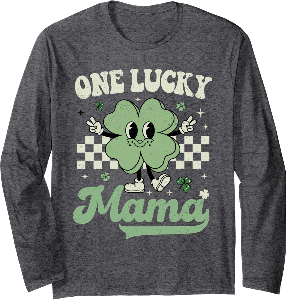 Retro Groovy St Patricks Day One Lucky Mama Hippie Shamrock Long Sleeve T-Shirt - Adult Unisex Dark Heather Grey