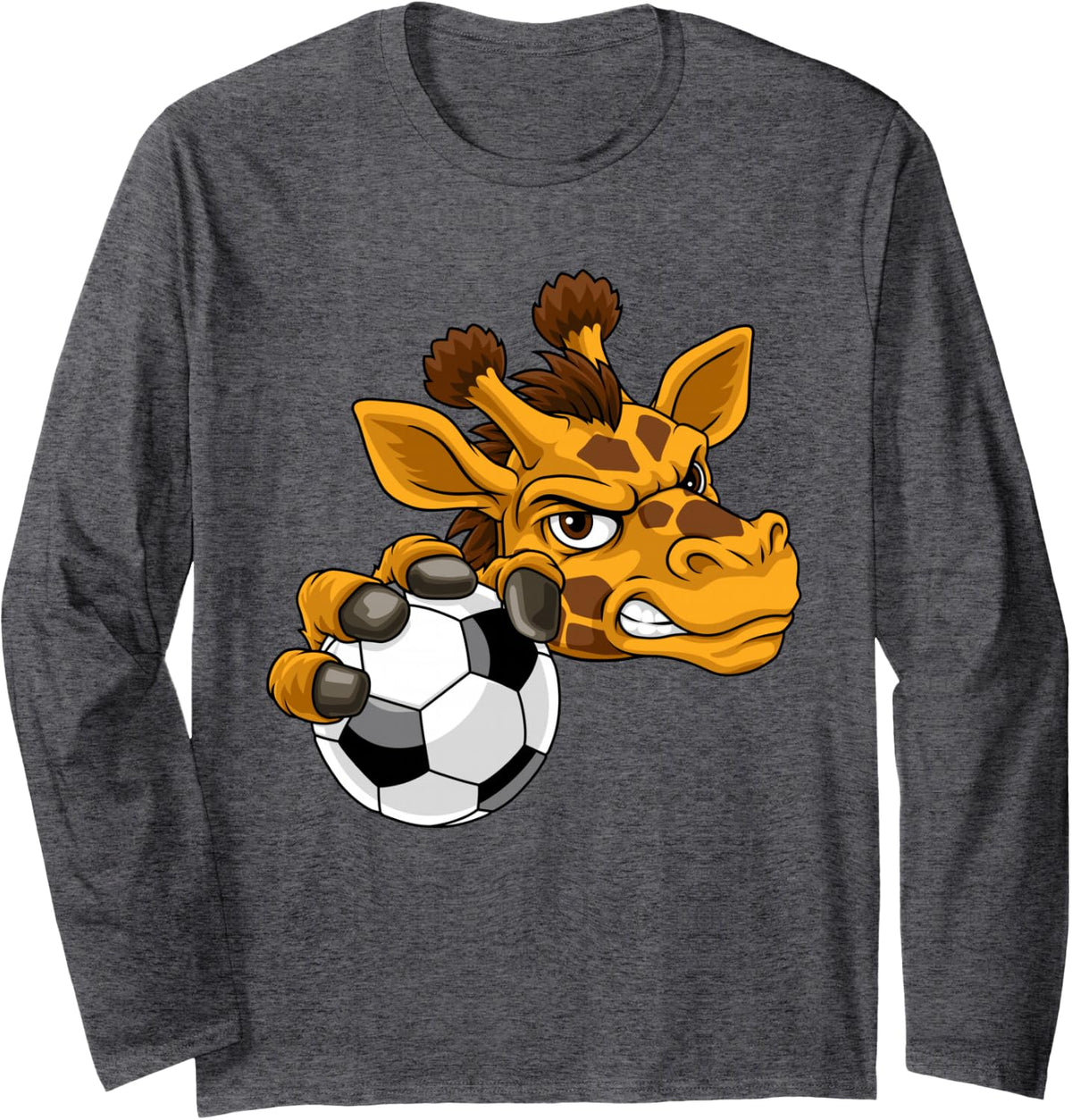 Giraffe Soccer Football Ball Cartoon Character Long Sleeve T-Shirt - Adult Unisex Dark Heather Grey
