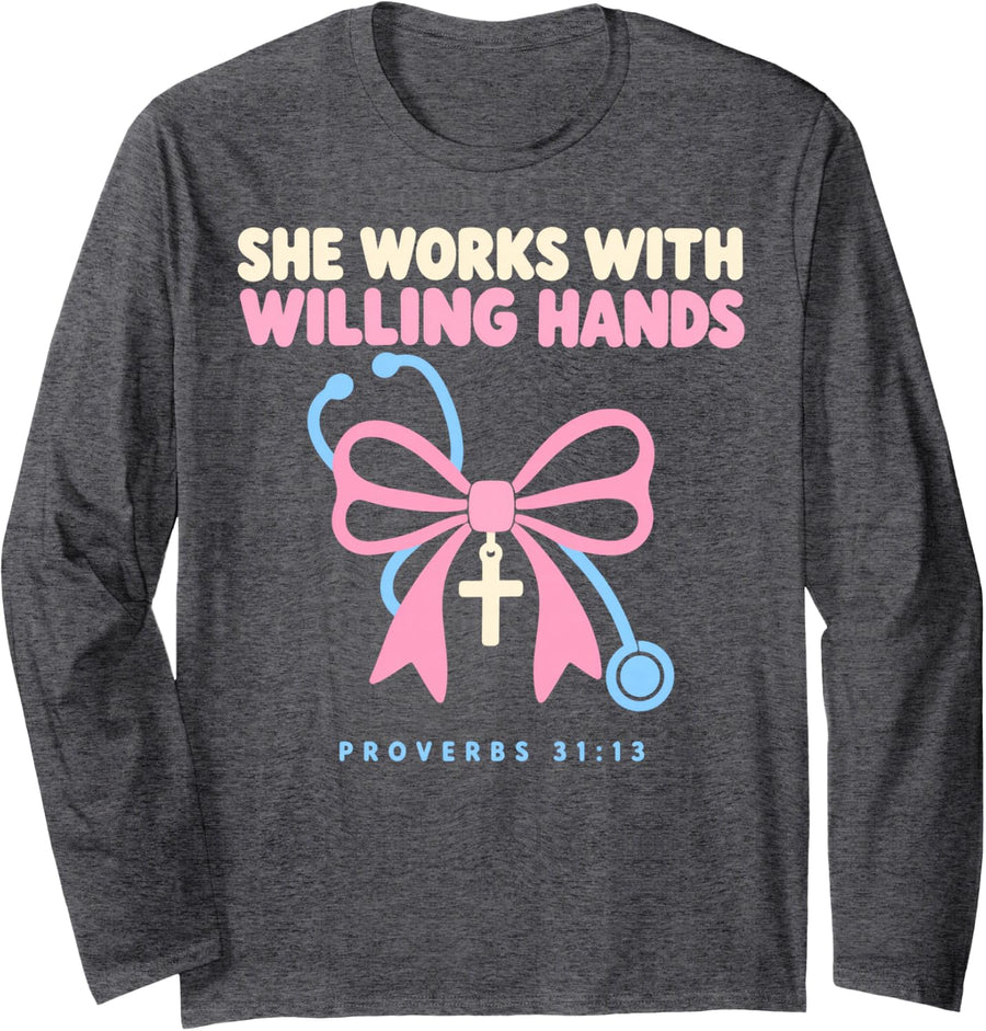 She Works with Hands Coquette Ribbon Faith Christian Nurse Long Sleeve T-Shirt - Adult Unisex Dark Heather Grey