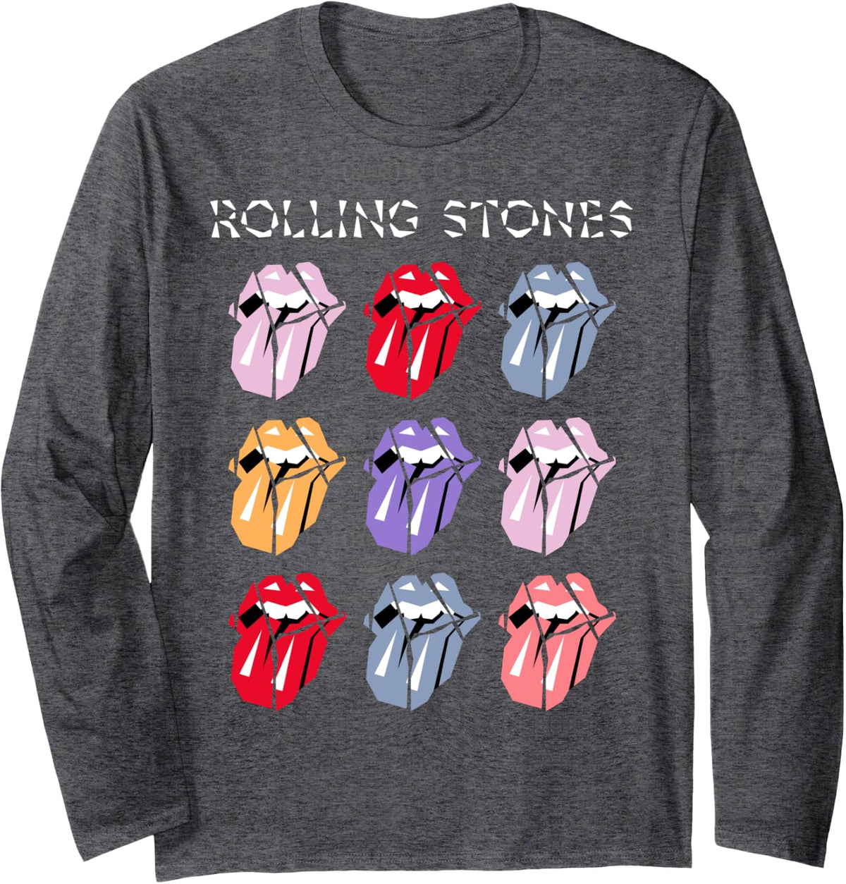 Official The Rolling Stones HD Multi Color Tongue Long Sleeve T-Shirt - Adult Unisex Dark Heather Grey