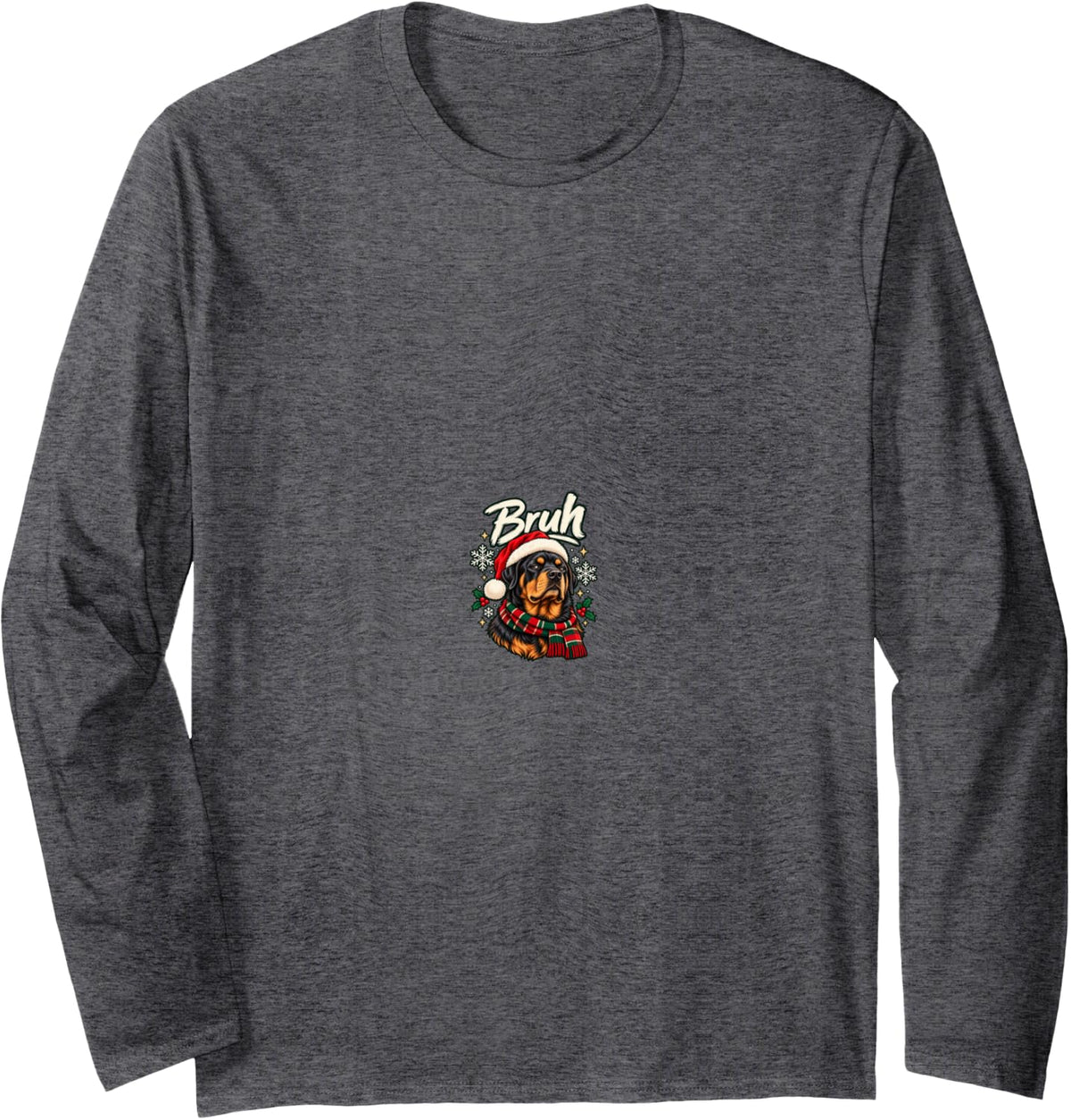 Bruh Rottweiler Grumpy Christmas Dog Long Sleeve T-Shirt - Adult Unisex Dark Heather Grey