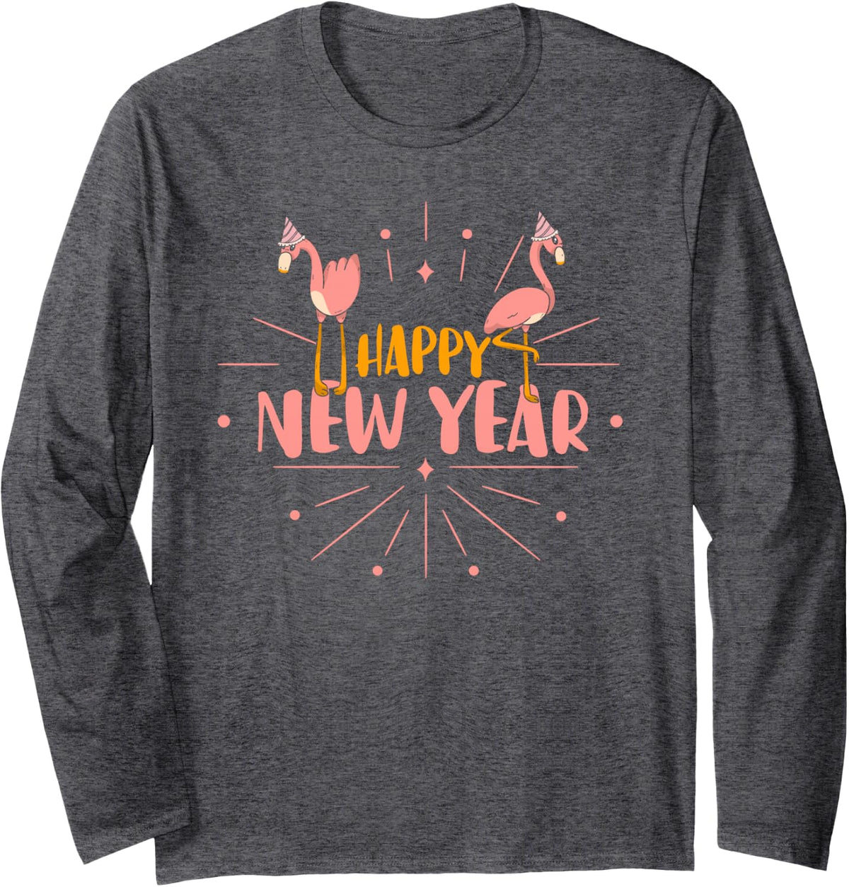 Happy New Year Party Eve Firework Flamingo New Year Long Sleeve T-Shirt - Adult Unisex Dark Heather Grey