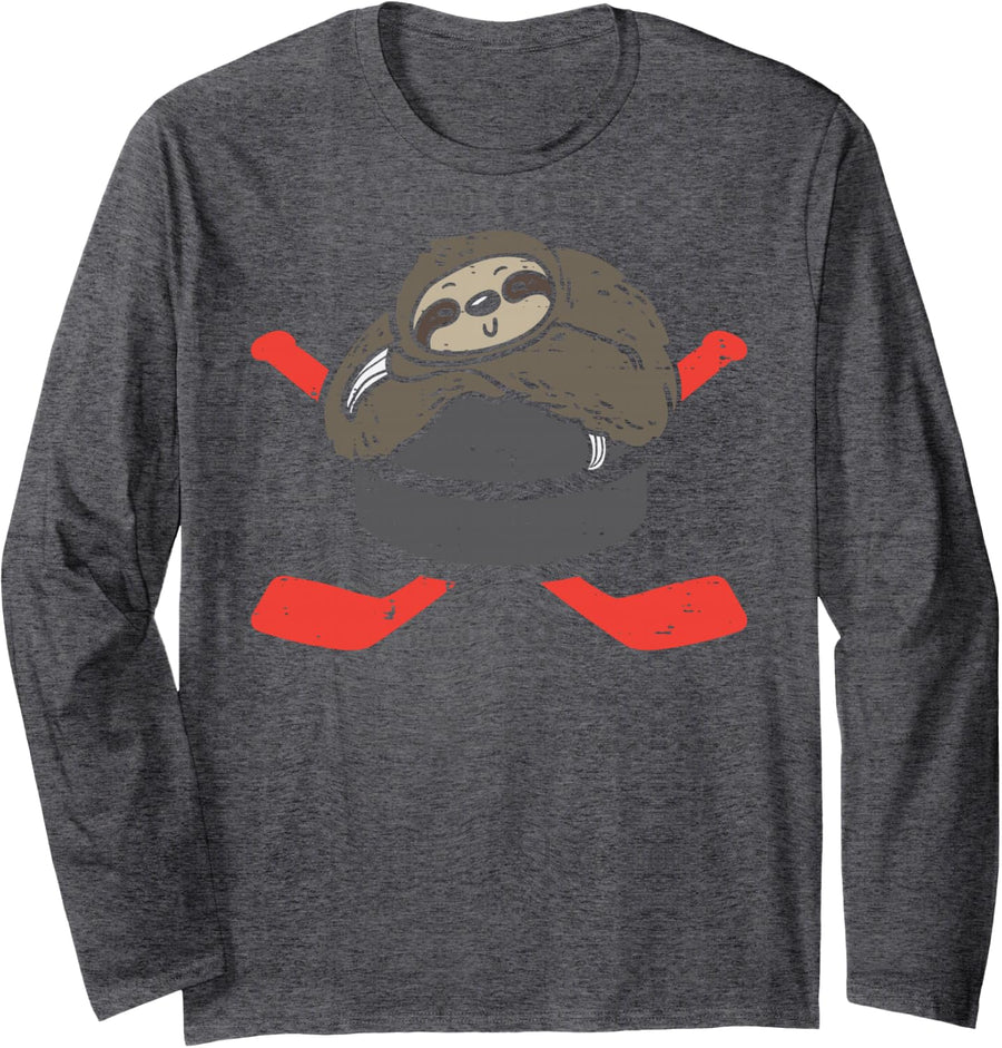 Sloth Ice Hockey Cute Animal Sports Player Men Girls Boys Long Sleeve T-Shirt - Adult Unisex Dark Heather Grey