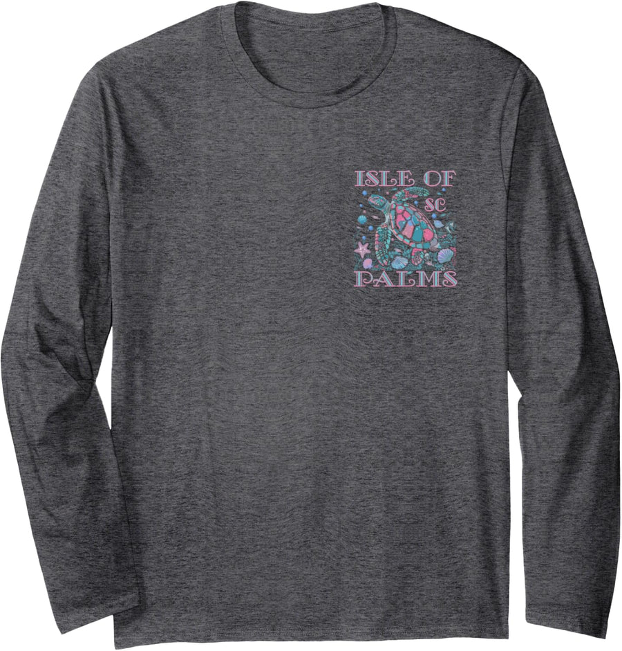 ISLE OF PALMS SC TURTLE LOVER COLORFUL BEACH SOUVENIR Long Sleeve T-Shirt - Adult Unisex Dark Heather Grey