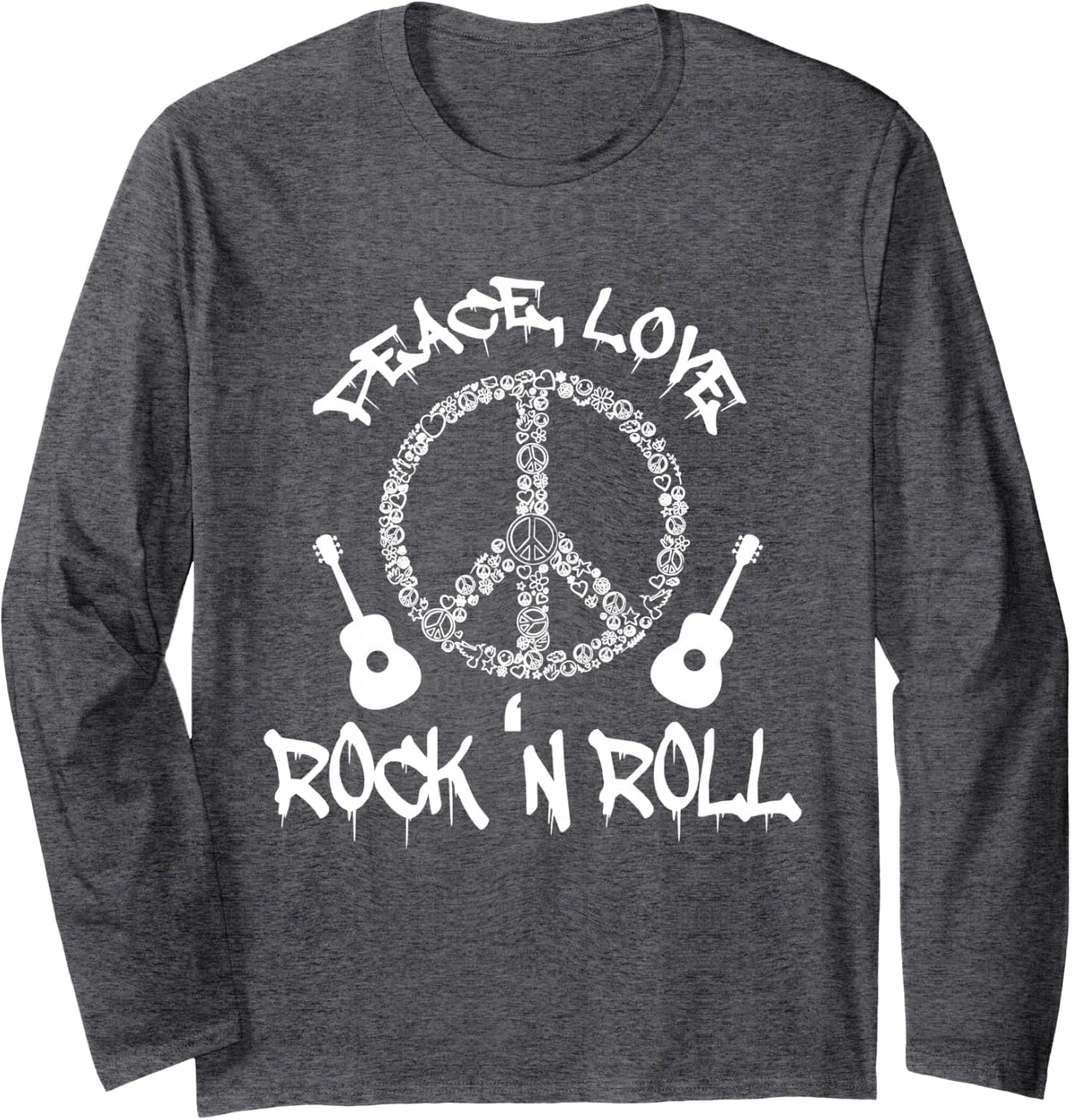 Rock'n Roll Long Sleeve T-Shirt Peace Love Rock and Roll Tee Long Sleeve T-Shirt - Adult Unisex Dark Heather Grey