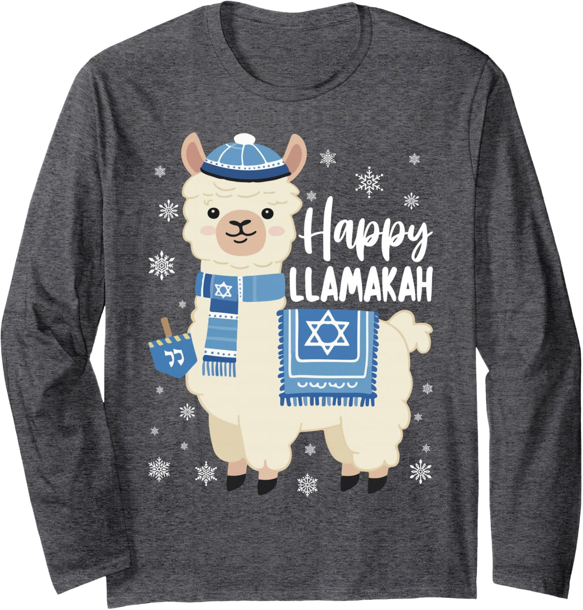 Happy Llamakah Jewish Holiday Llama Hanukkah Long Sleeve T-Shirt - Adult Unisex Dark Heather Grey