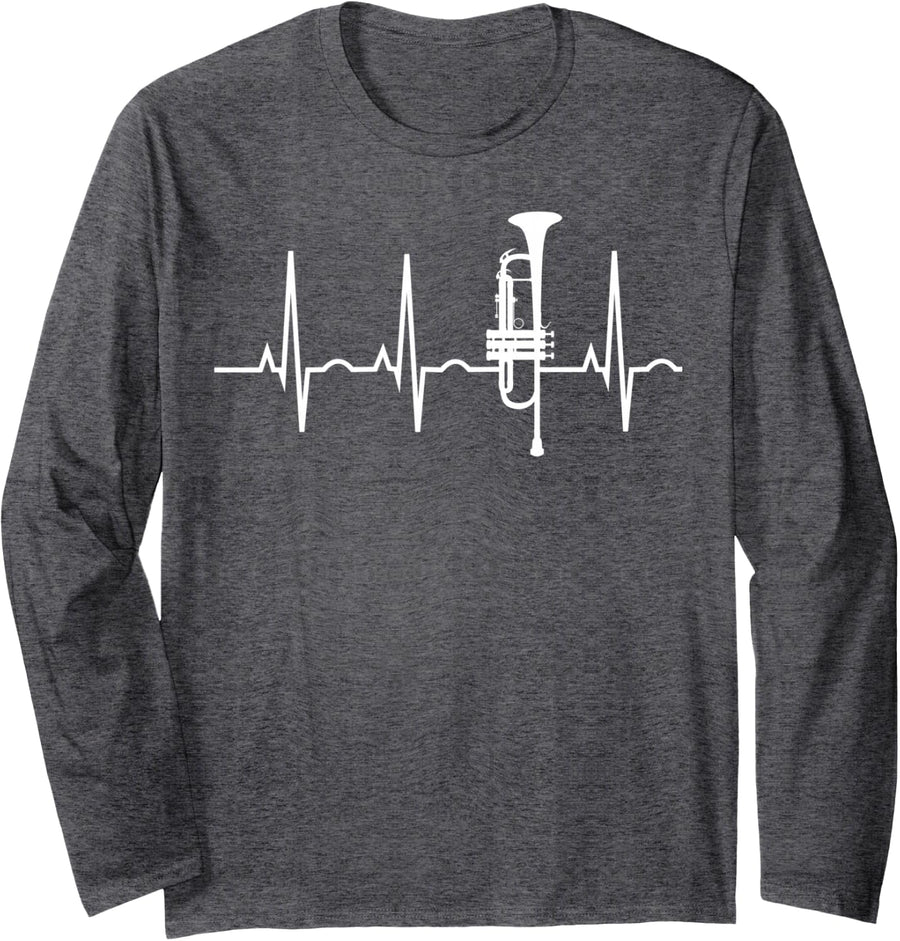 Trumpet Heartbeat Shirt Best Trumpet Player Long Sleeve Tee - Adult Unisex Dark Heather Grey