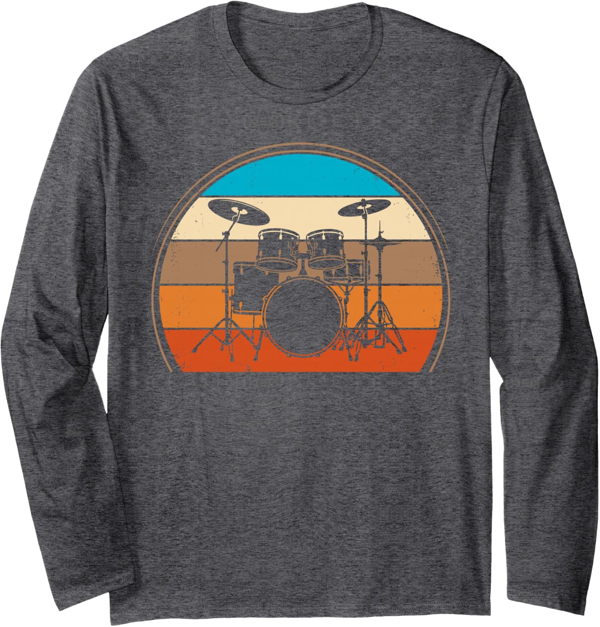 Retro Drummer Drum Set Drums Percussion Musician Music Band Long Sleeve T-Shirt - Adult Unisex Dark Heather Grey