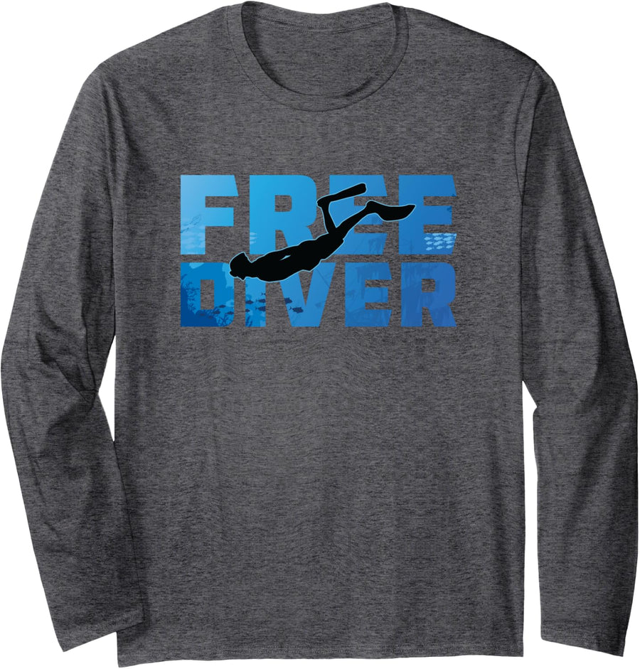 Free Diver Logo Freediving Ocean Long Sleeve T-Shirt - Adult Unisex Dark Heather Grey