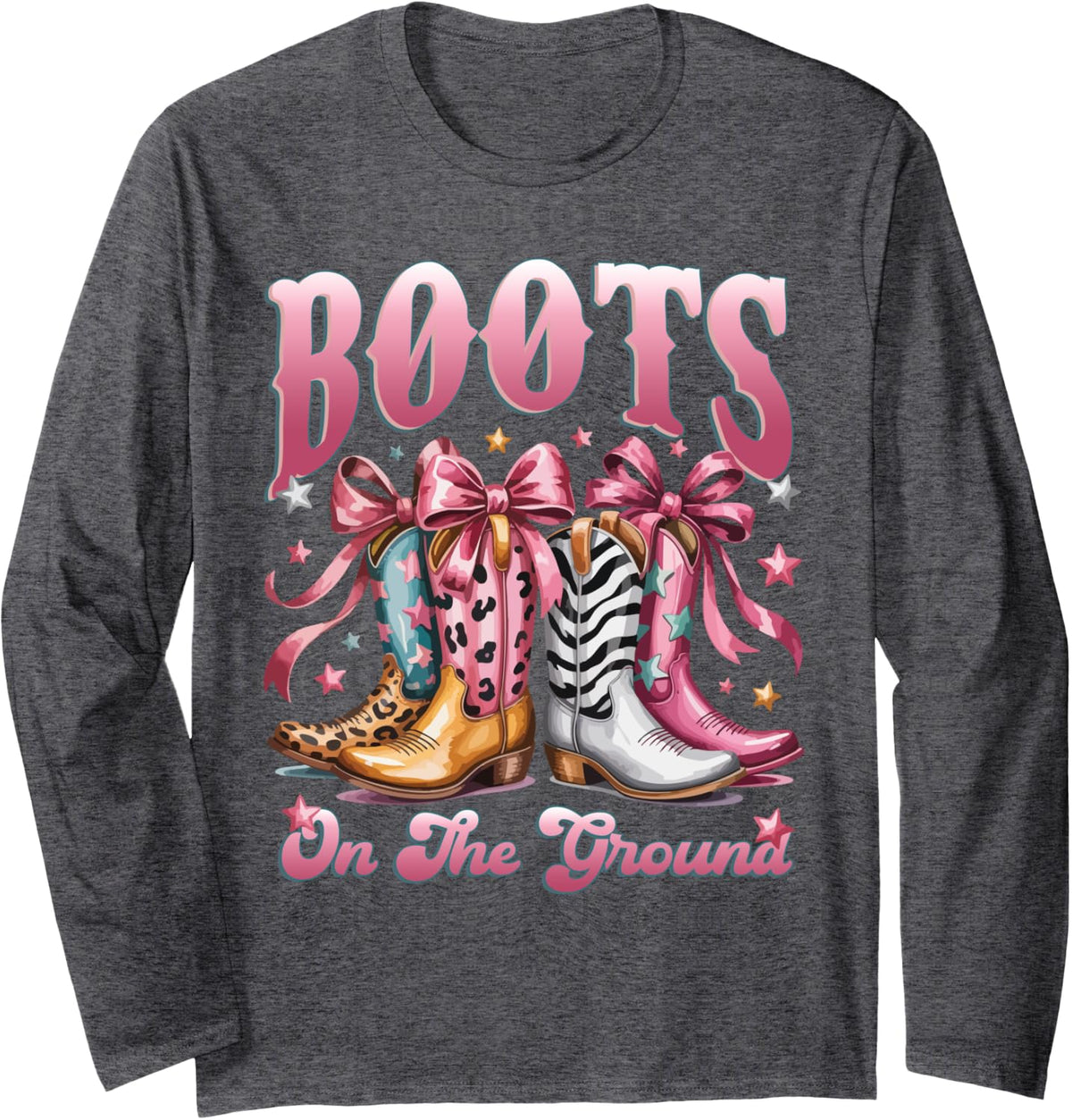 Boot Cowboy Western Cowgirl Pink Leopard Boots on The Ground Long Sleeve T-Shirt - Adult Unisex Dark Heather Grey