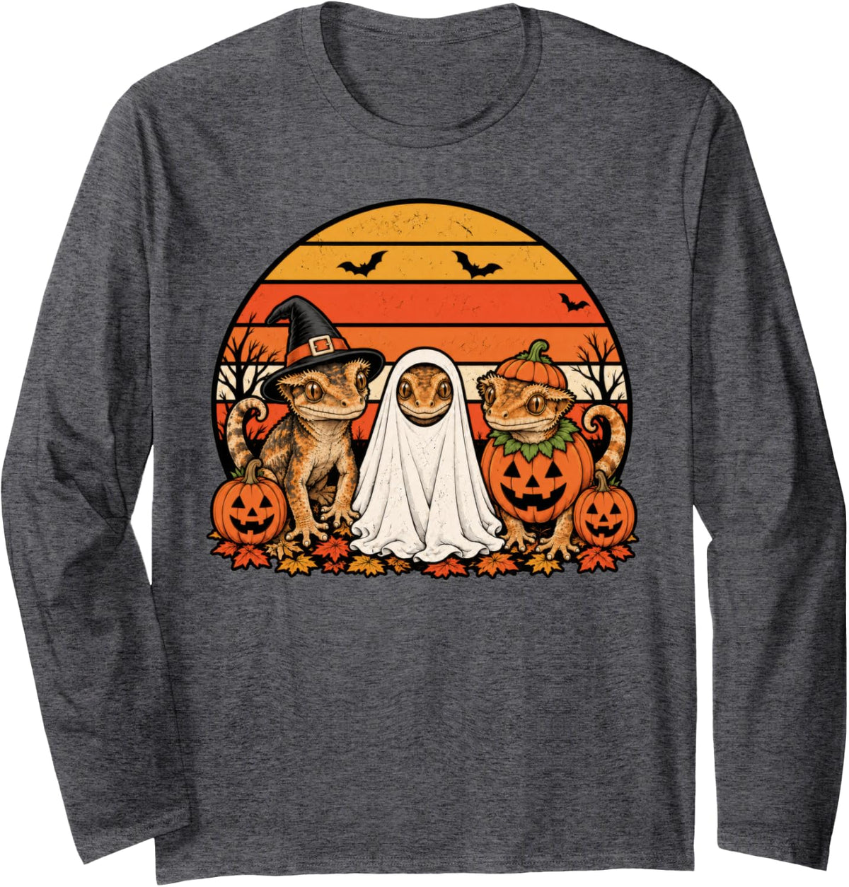 Spooky Crested Gecko Pumpkin Ghost Halloween Crestie Long Sleeve T-Shirt - Adult Unisex Dark Heather Grey