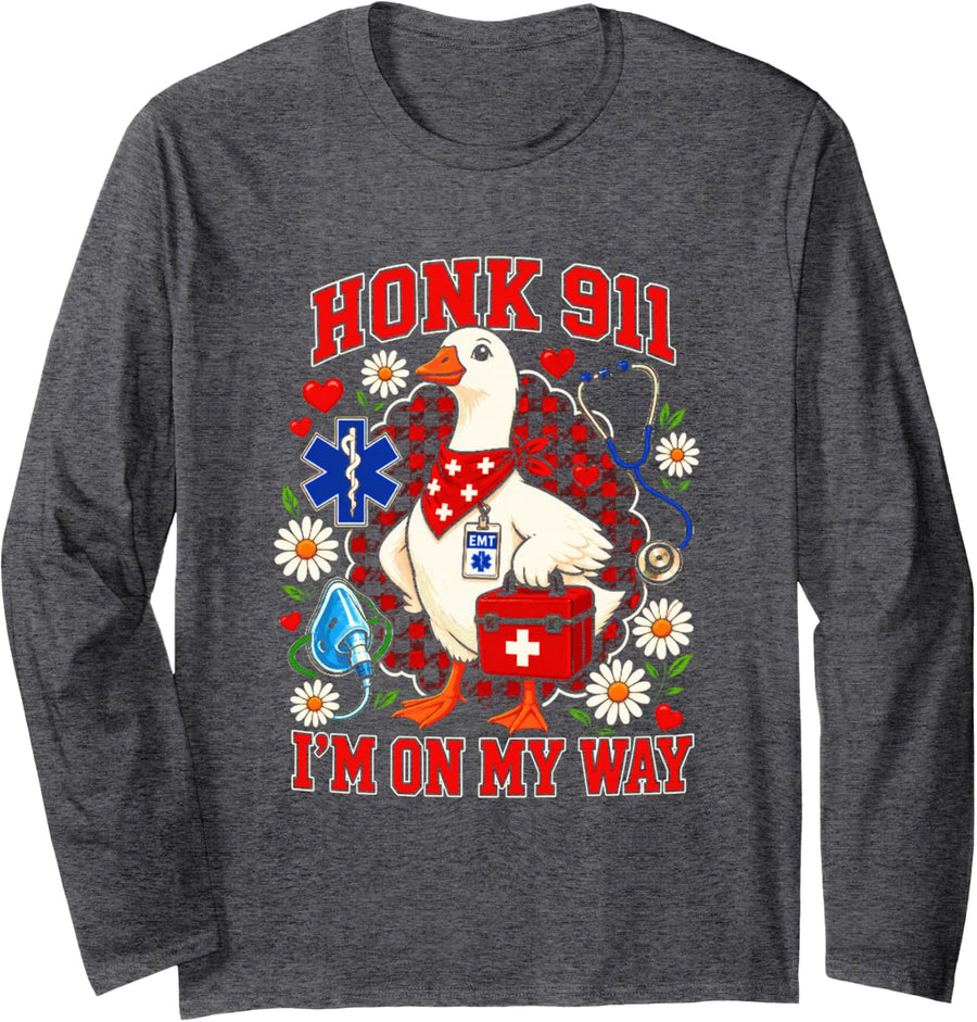 Funny EMT Paramedic Goose First Responder Honk 911 Long Sleeve T-Shirt - Adult Unisex Dark Heather Grey