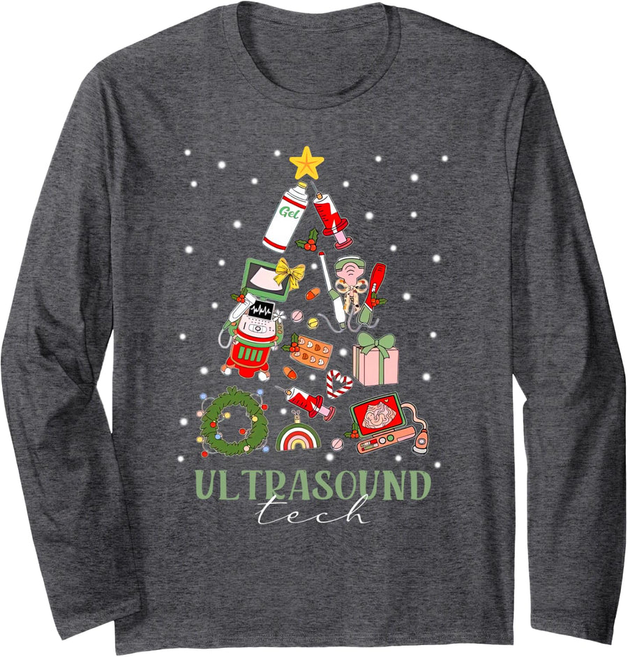 Ultrasound Tech Christmas Tree Sonographer Sono Tech OBGYN Long Sleeve T-Shirt - Adult Unisex Dark Heather Grey