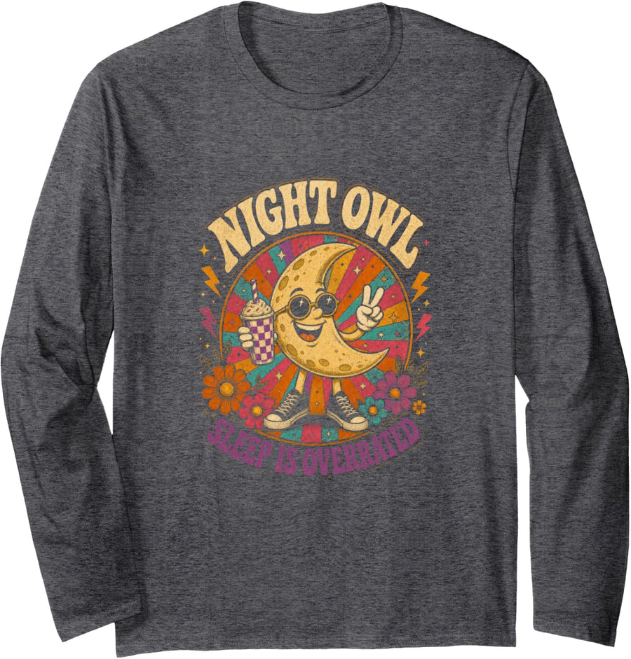 Night owl Sleep Overrated Insomnia Humor Long Sleeve T-Shirt - Adult Unisex Dark Heather Grey