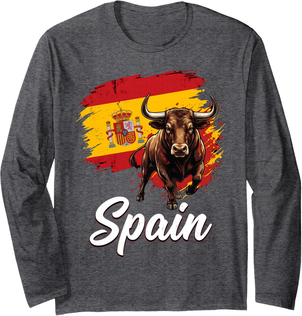 Powerful Spanish Bull with National Flag Long Sleeve T-Shirt - Adult Unisex Dark Heather Grey