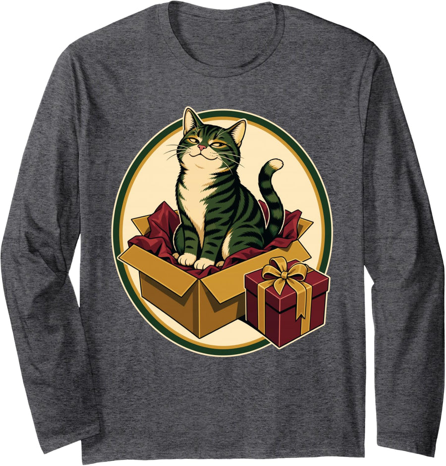 Cat Christmas Box Tabby Vintage Long Sleeve T-Shirt - Adult Unisex Dark Heather Grey