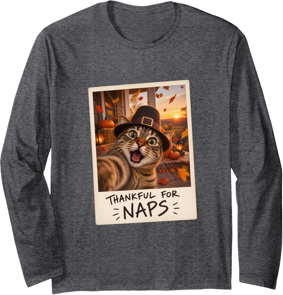 Thankful for Naps Tabby Cat Selfie Thanksgiving Long Sleeve T-Shirt - Adult Unisex Dark Heather Grey