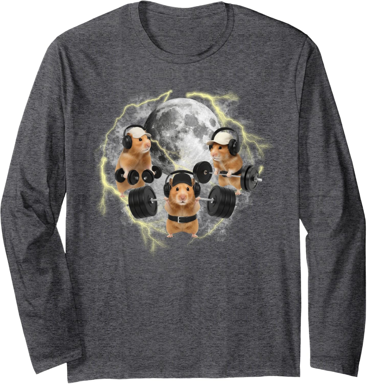 Funny Hamster Weightlifting Gym Workout Three Hamster Moon Long Sleeve T-Shirt - Adult Unisex Dark Heather Grey