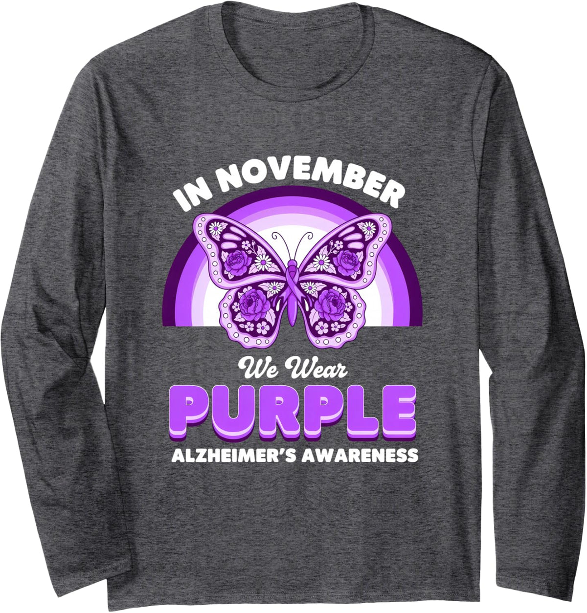 in November We Wear Purple Alzheimer's Awareness Long Sleeve T-Shirt - Adult Unisex Dark Heather Grey