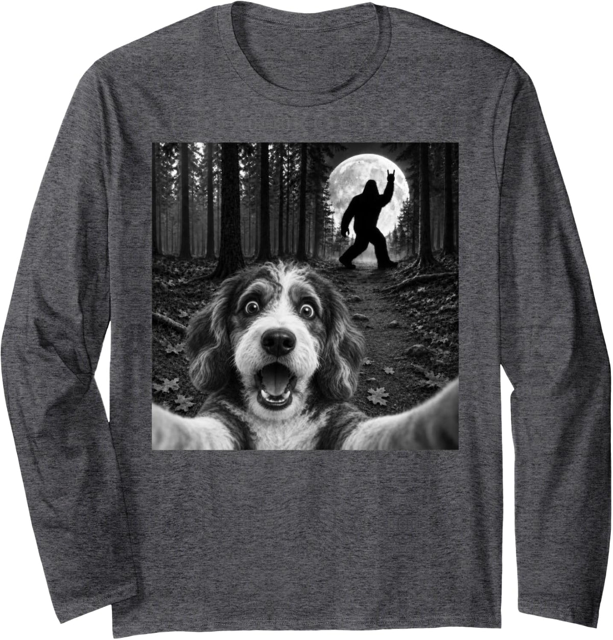 Aussiedoodle Selfie with Bigfoot Rock and Roll Dog Sasquatch Long Sleeve T-Shirt - Adult Unisex Dark Heather Grey