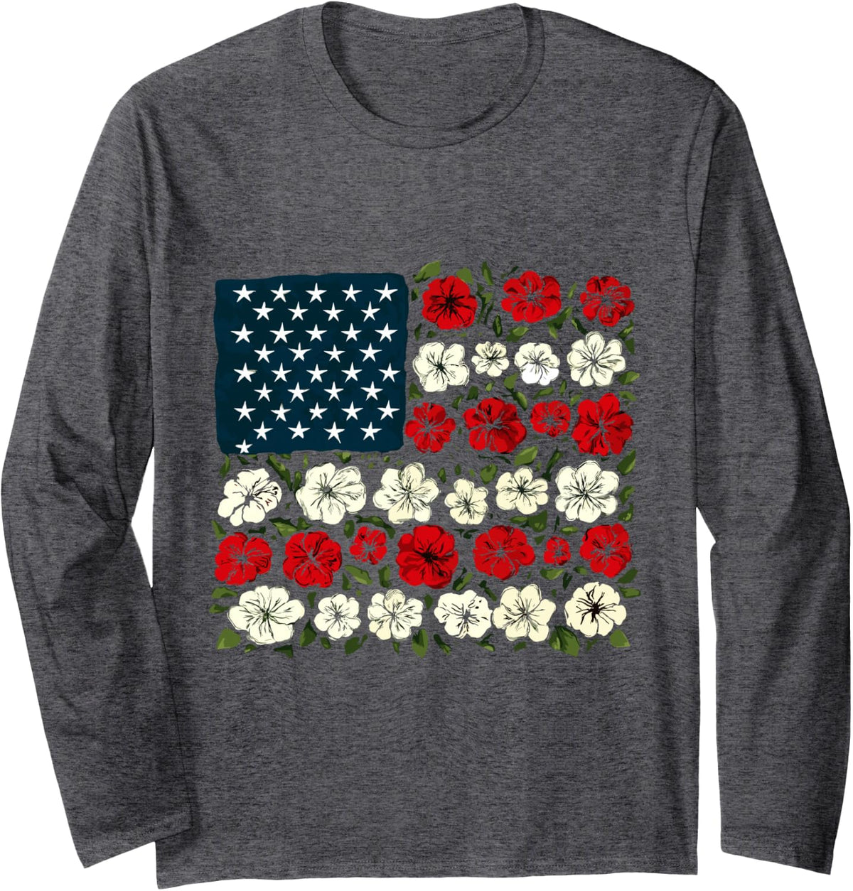 Floral American Flag Red White Blue USA Womens 4th of July Long Sleeve T-Shirt - Adult Unisex Dark Heather Grey