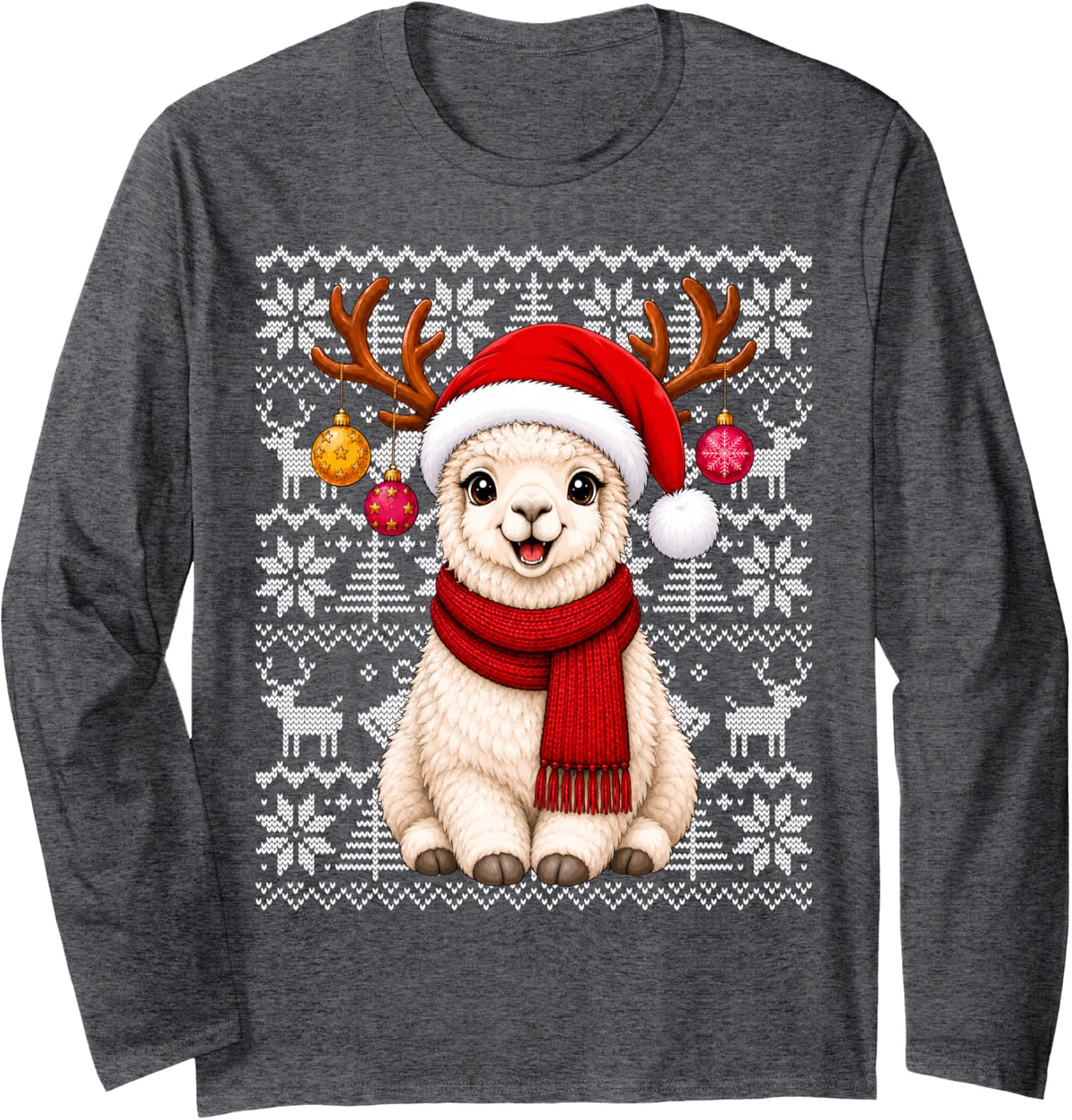 Xmas Ugly Sweaters Festive Santa Llama Alpaca Christmas Long Sleeve T-Shirt - Adult Unisex Dark Heather Grey