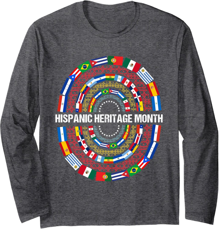 Hispanic Heritage Month Spanish Countries Flags Rainbow Long Sleeve T-Shirt - Adult Unisex Dark Heather Grey