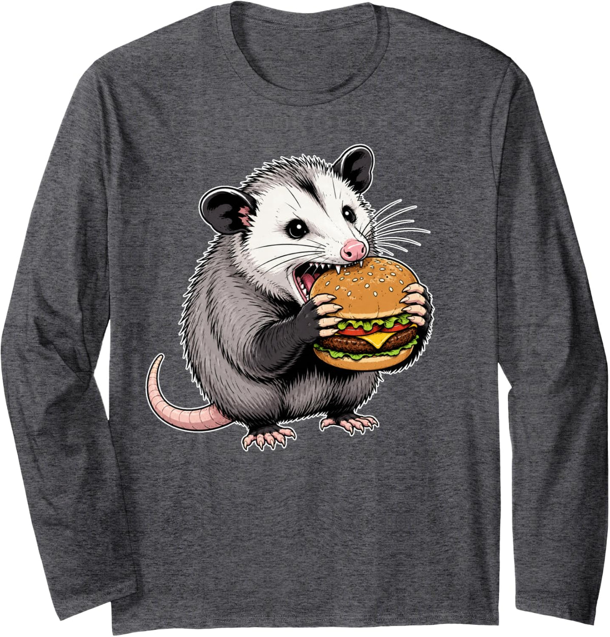 Opossum Possum Hamburger Funny Graphic Long Sleeve T-Shirt - Adult Unisex Dark Heather Grey