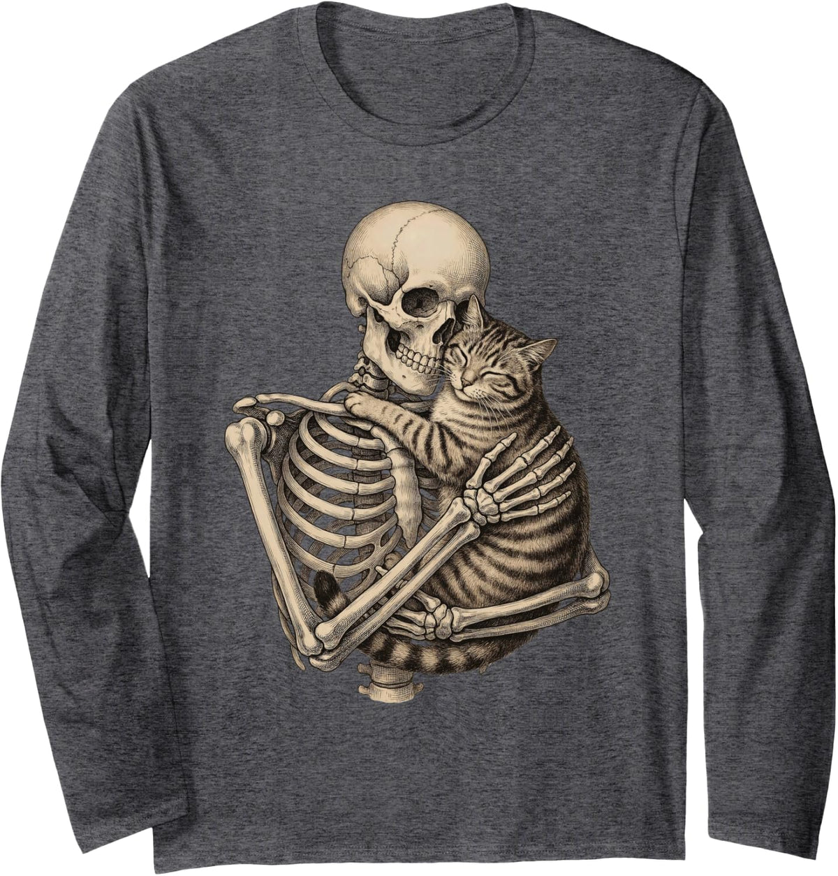 Skeleton Hugging Tabby Cat Funny Cat Lover Cat Mom Cat Dad Long Sleeve T-Shirt - Adult Unisex Dark Heather Grey