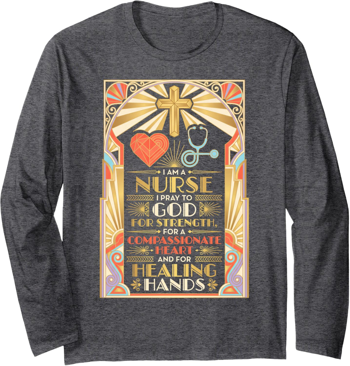 Compassionate Heart Jesus Faith God CNA Christian Nurse Long Sleeve T-Shirt - Adult Unisex Dark Heather Grey