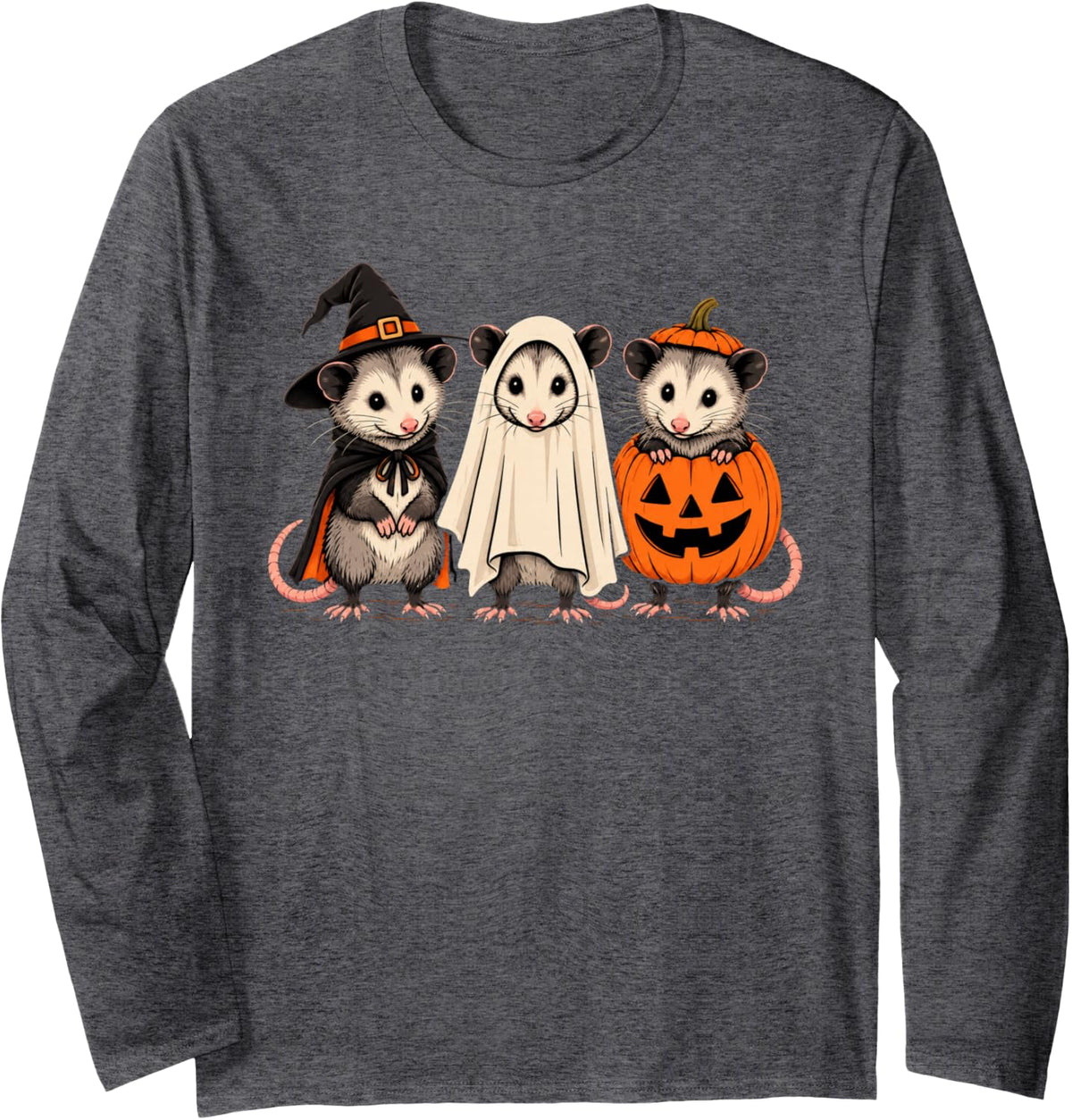 Opossum Possum Ghost Pumpkin Witch Halloween Costume Long Sleeve T-Shirt - Adult Unisex Dark Heather Grey