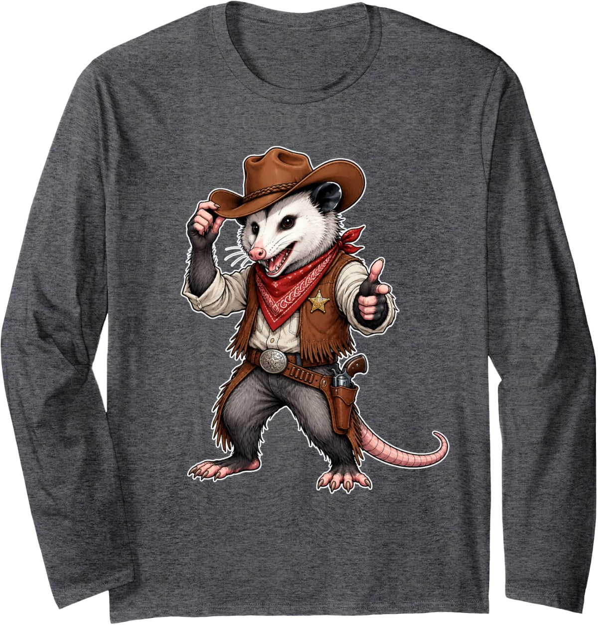 Opossum Possum Cowboy Funny Graphic Long Sleeve T-Shirt - Adult Unisex Dark Heather Grey