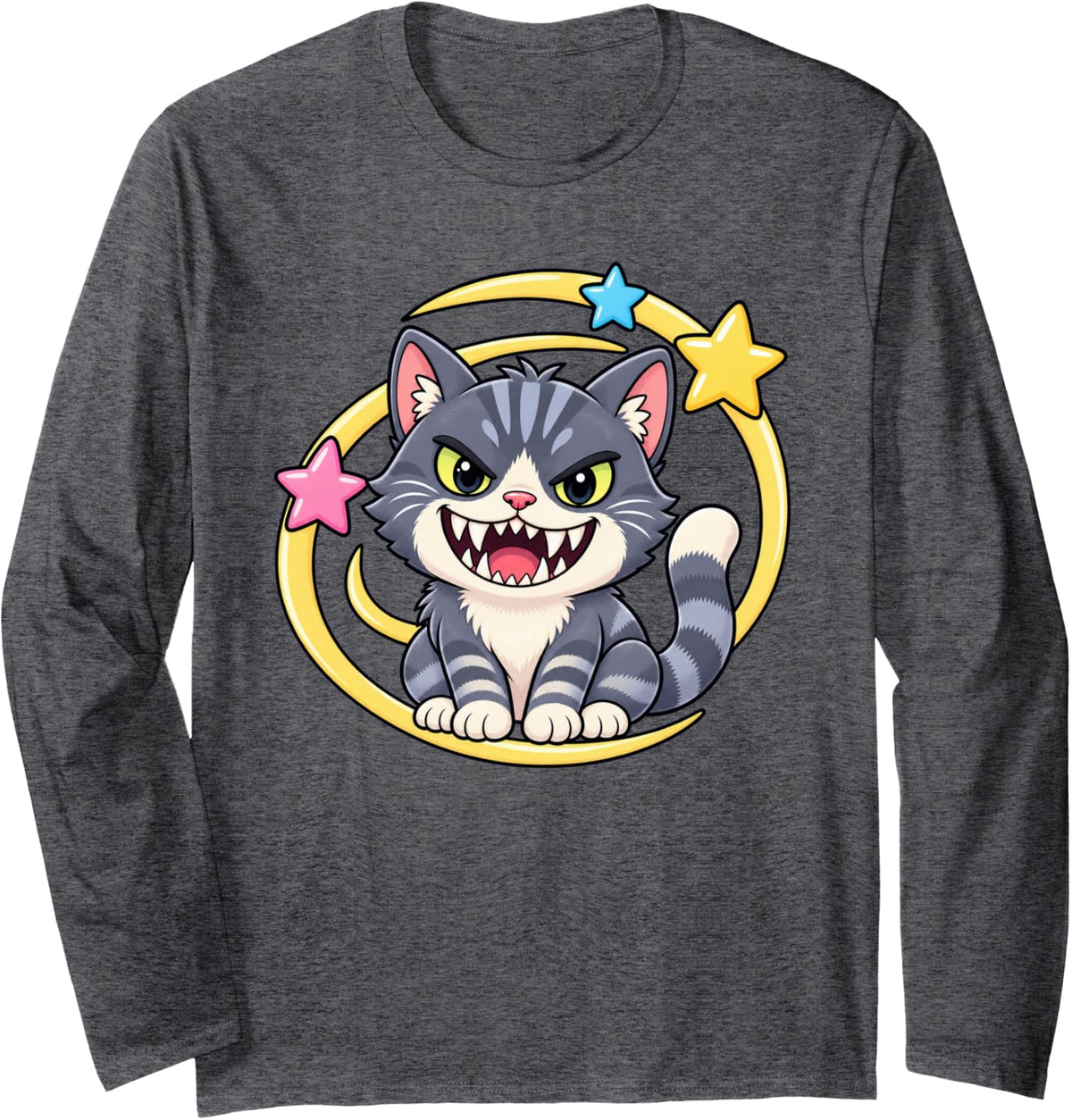 Cute Scary Gray Tabby Cat Stars Funny Kitty with Fangs Long Sleeve T-Shirt - Adult Unisex Dark Heather Grey