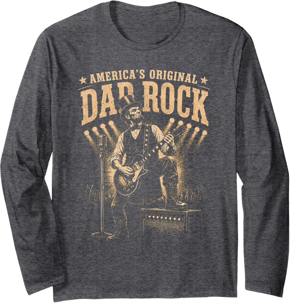 Abraham Lincoln USA Flag Funny US President Guitarist Long Sleeve T-Shirt - Adult Unisex Dark Heather Grey