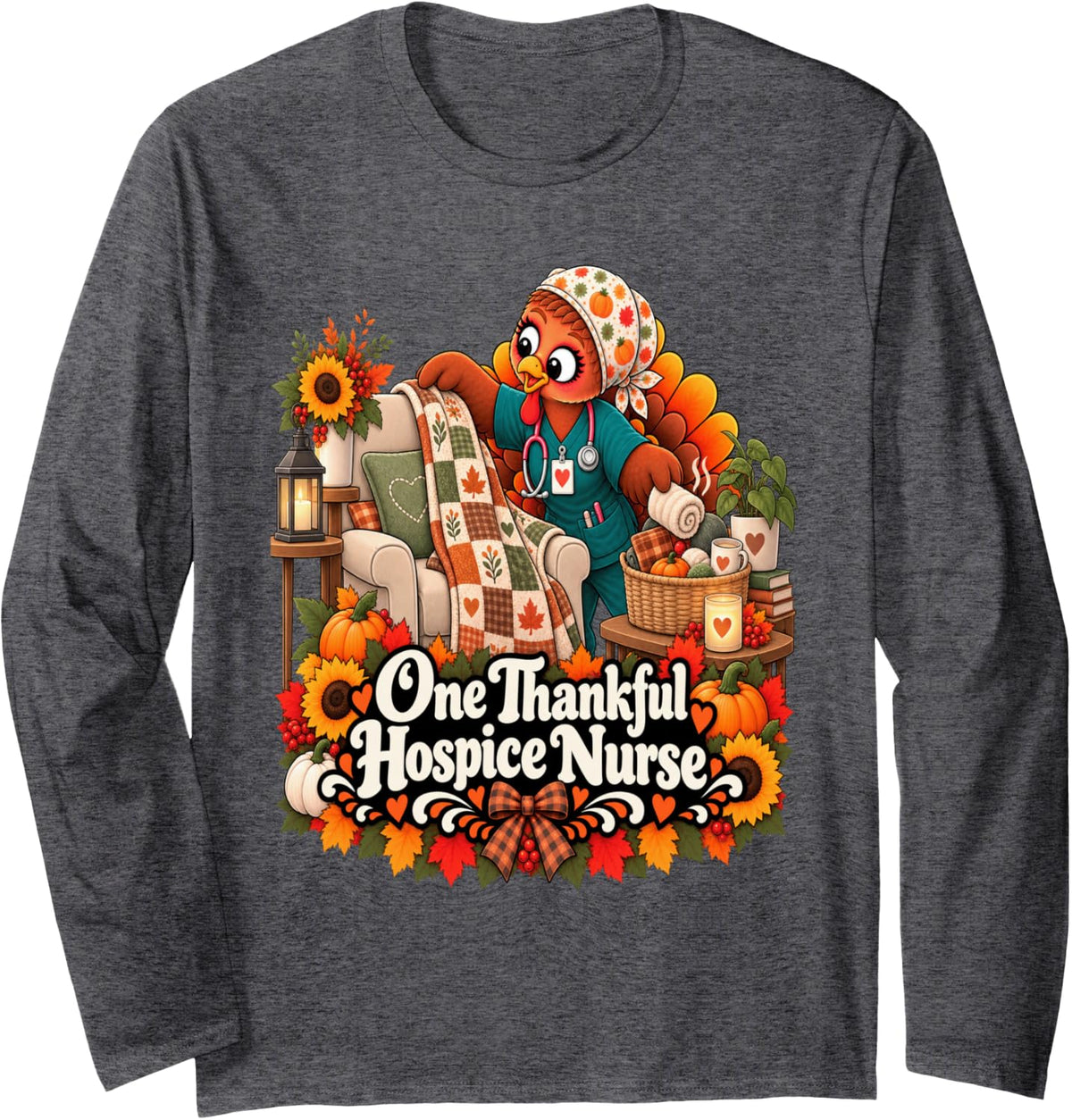 One Thankful Hospice Nurse Turkey Thanksgiving Long Sleeve T-Shirt - Adult Unisex Dark Heather Grey
